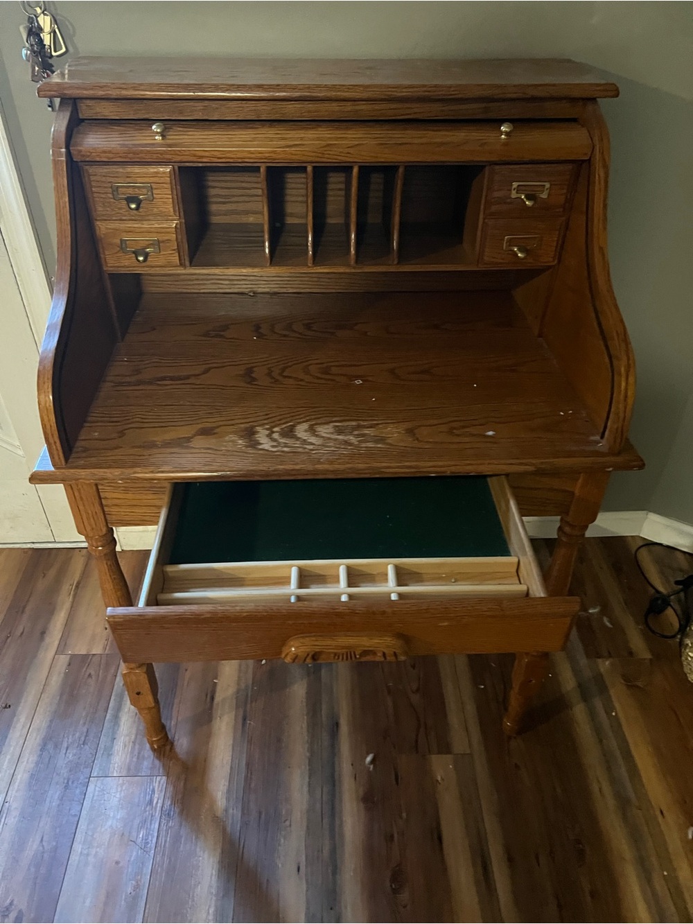 Vintage Oak Roll-Top Secretary Desk in Warm Brown